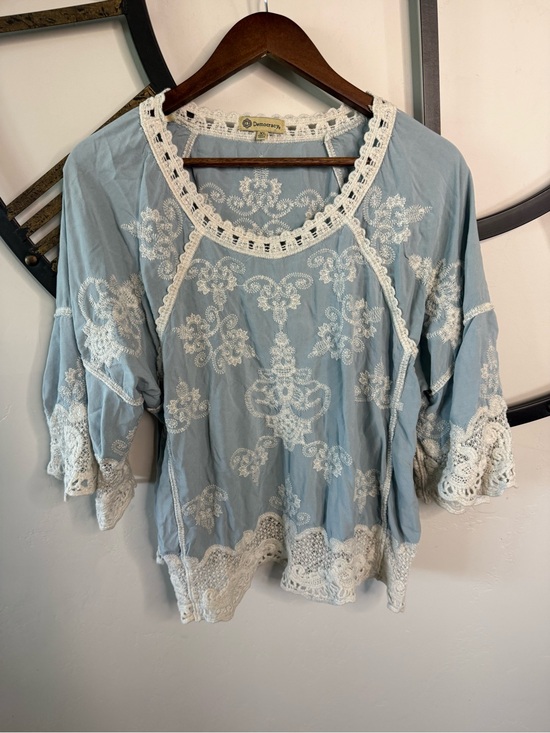 Democracy Tops - Democracy Pale Blue Embroidered Crochet Peasant Tunic